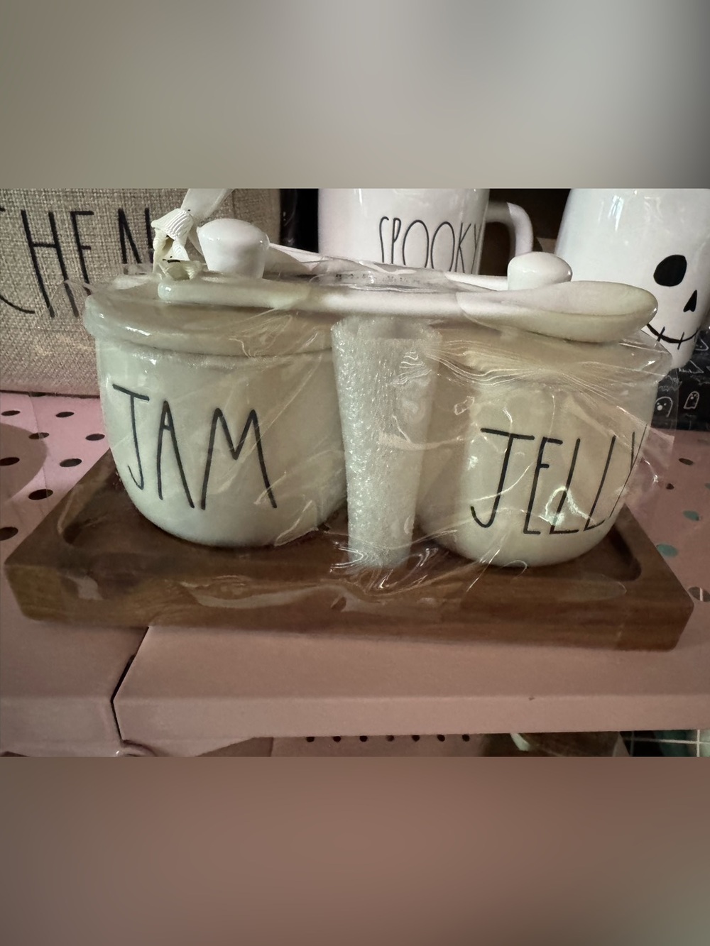 Rae Dunn White Jam & Jelly Ceramic Set with Wooden Tray